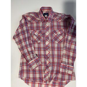 Wrangler Western Shirt Mens Large Pink Plaid American Cowboys Pearl Snap Vintage